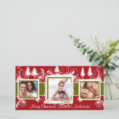 赤い緑のグランジ松の渦巻きホリデーファミリーフォト シーズンカード (スタンド正面)