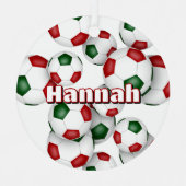 赤い緑のサッカーボールのアスリート名 メタルオーナメント (正面)