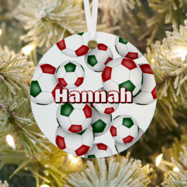 赤い緑のサッカーボールのアスリート名 メタルオーナメント