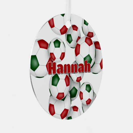 赤い緑のサッカーボールのアスリート名 メタルオーナメント (正面右)