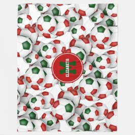 赤い緑のサッカーボールのモノグラムの模様 フリースブランケット