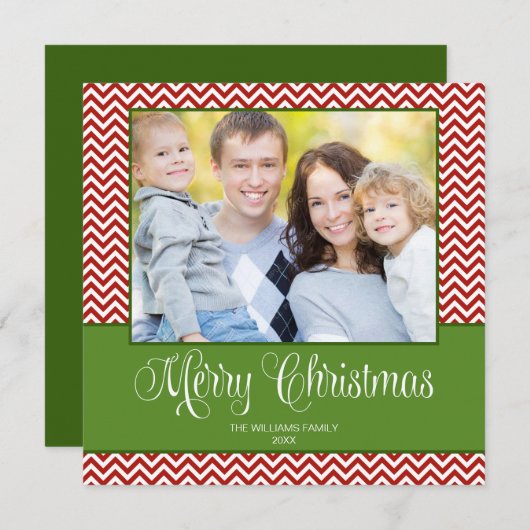 赤い緑のシェブロンのクリスマススクウェアの写真カード シーズンカード (正面/裏面)