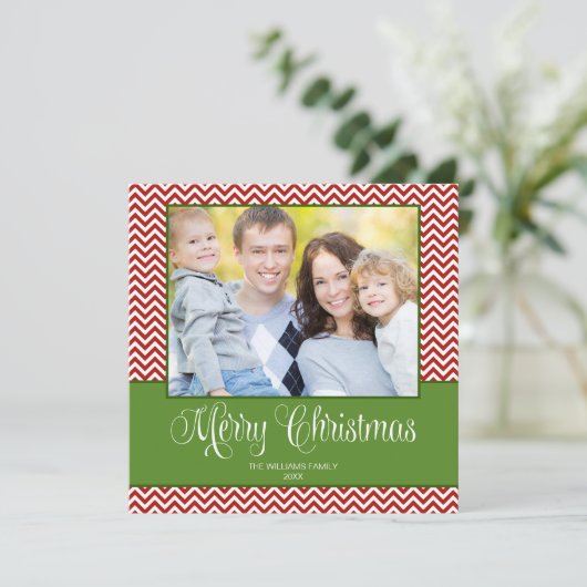 赤い緑のシェブロンのクリスマススクウェアの写真カード シーズンカード (スタンド正面)