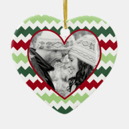 赤い緑のシェブロンのハートの写真のクリスマスのオーナメント セラミックオーナメント