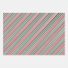 赤い緑のストライプ紙、3枚のセット ラッピングペーパーシート
