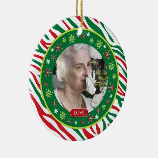 赤い緑のゼブラ印刷メモリアル写真クリスマス セラミックオーナメント (右)