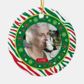 赤い緑のゼブラ印刷メモリアル写真クリスマス セラミックオーナメント (正面)