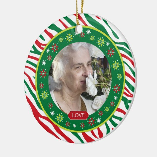 赤い緑のゼブラ印刷メモリアル写真クリスマス セラミックオーナメント (左)