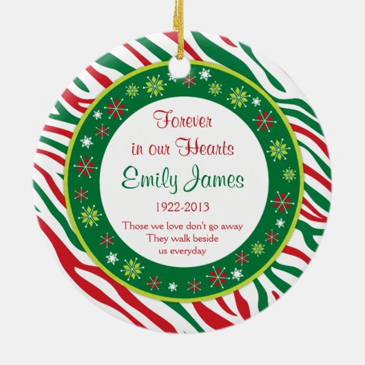 赤い緑のゼブラ印刷メモリアル写真クリスマス セラミックオーナメント (裏面)