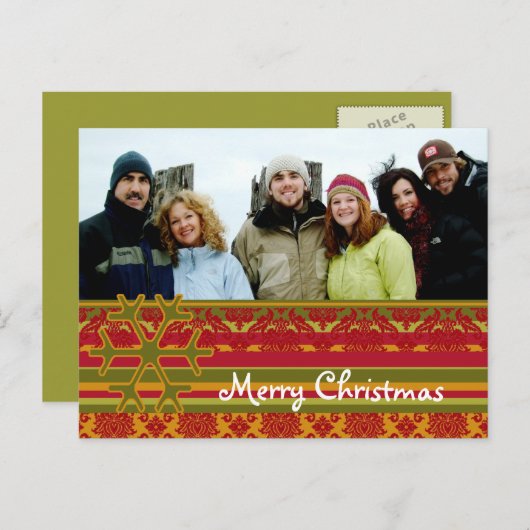 赤い緑のダマスク織のメリークリスマスの郵便はがき シーズンポストカード (正面/裏面)