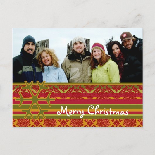 赤い緑のダマスク織のメリークリスマスの郵便はがき シーズンポストカード (正面)