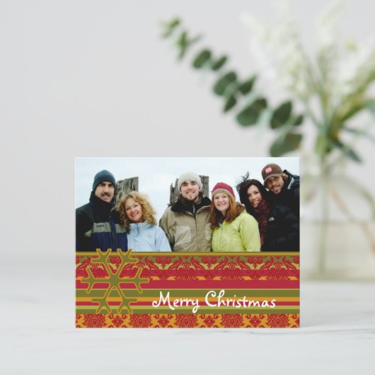 赤い緑のダマスク織のメリークリスマスの郵便はがき シーズンポストカード (スタンド正面)