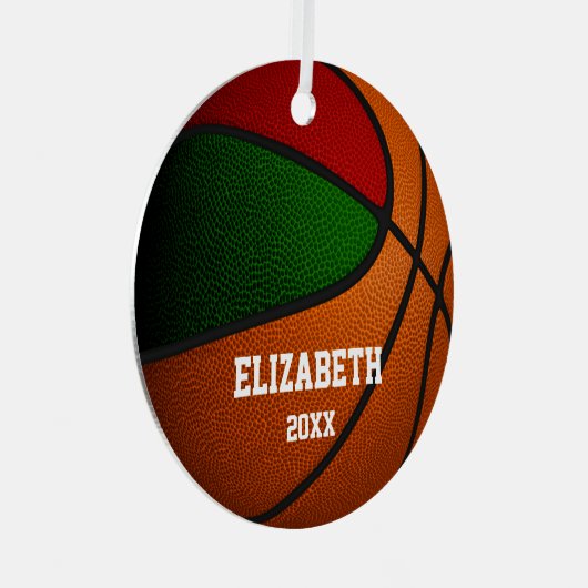 赤い緑のチームカラーズガールズバスバスケットボール メタルオーナメント (正面右)