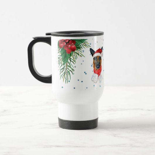 赤い緑のドイツの羊飼い犬のクリスマス トラベルマグ (左)
