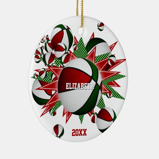 赤い緑のバスケットボールの爆破記念スポーツ セラミックオーナメント (右)