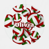 赤い緑のバレーボールとアスリート名記念 メタルオーナメント (正面)