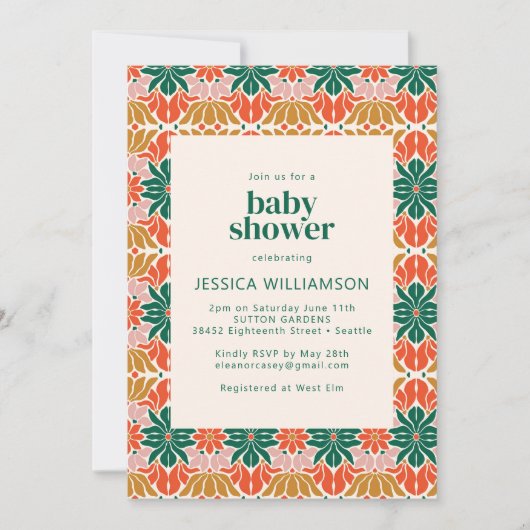 赤い緑のピンクのクリスマスボタニカル赤ちゃんシャワー 招待状 (正面)