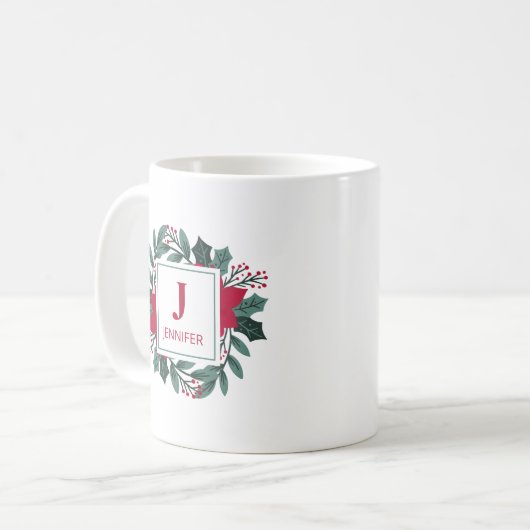 赤い緑のフローラエレガントモノグラム名クリスマス コーヒーマグカップ (正面左)