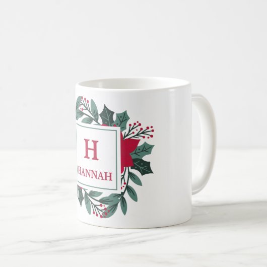 赤い緑のフローラエレガントモノグラム名クリスマス コーヒーマグカップ (正面右)