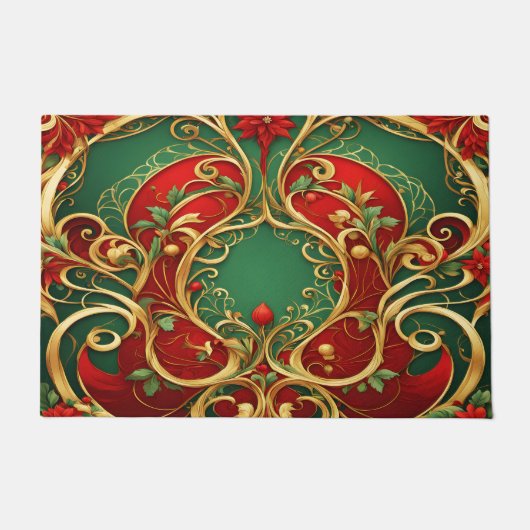 赤い緑のフローラクリスマスホリデーフォーマット ドアマット (正面)