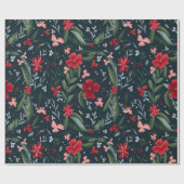 赤い緑のフローラリースパターンのクリスマス冬 ラッピングペーパー (フラット)