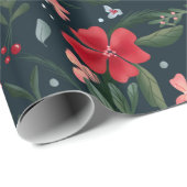 赤い緑のフローラリースパターンのクリスマス冬 ラッピングペーパー (ロールコーナー)