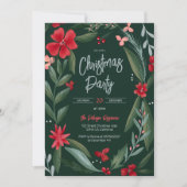 赤い緑のフローラリースパターンクリスマスグリーン 招待状 (正面)