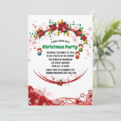 赤い緑のフローラリースパターンクリスマス 招待状 (スタンド正面)