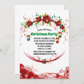 赤い緑のフローラリースパターンクリスマス 招待状 (正面/裏面)