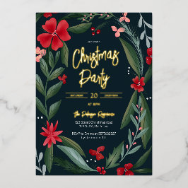 赤い緑のフローラリースパターンクリスマス 箔招待状