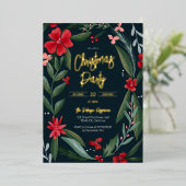 赤い緑のフローラリースパターンクリスマス 箔招待状 (立ち正面)