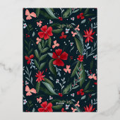 赤い緑のフローラリースパターンクリスマス 箔招待状 (裏面)