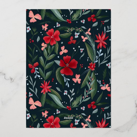 赤い緑のフローラリースパターンクリスマス 箔招待状 (裏面)