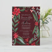 赤い緑のフローラリースパターン冬の結婚式 招待状 (スタンド正面)