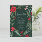赤い緑のフローラリースパターン冬の結婚式 招待状 (スタンド正面)