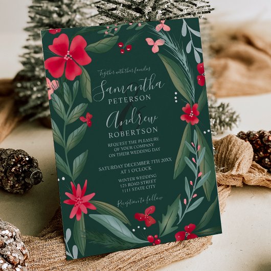 赤い緑のフローラリースパターン冬の結婚式 招待状