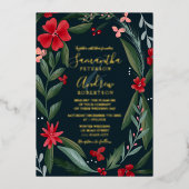 赤い緑のフローラリースパタ結婚ーン 箔招待状 (正面)