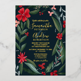 赤い緑のフローラリースパタ結婚ーン 箔招待状
