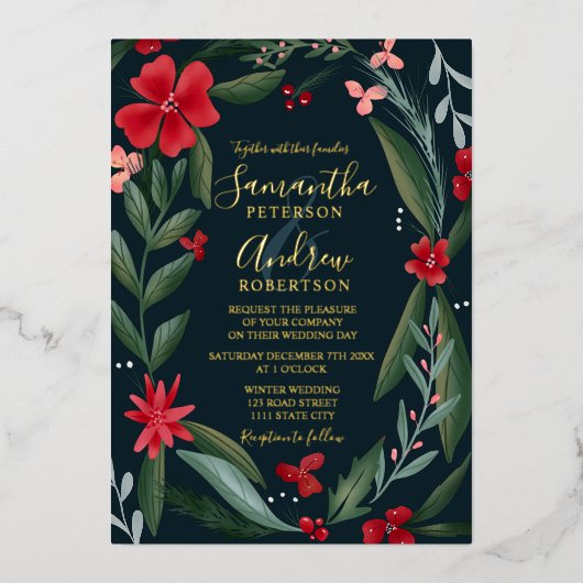 赤い緑のフローラリースパタ結婚ーン 箔招待状 (正面)