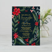 赤い緑のフローラリースパタ結婚ーン 箔招待状 (立ち正面)