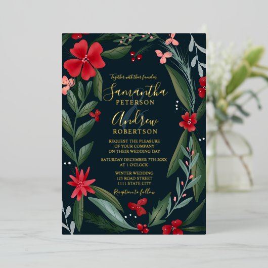 赤い緑のフローラリースパタ結婚ーン 箔招待状 (立ち正面)