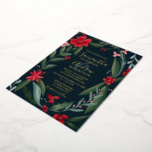赤い緑のフローラリースパタ結婚ーン 箔招待状 (回転した状態)