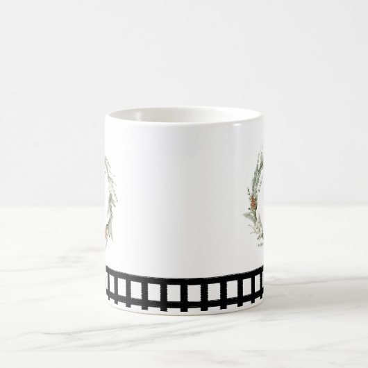 赤い緑のフローラリース水の色ブラックチェック コーヒーマグカップ (中央)