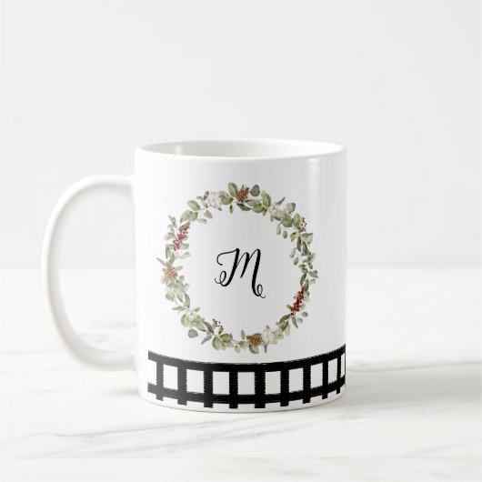 赤い緑のフローラリース水の色ブラックチェック コーヒーマグカップ (左)