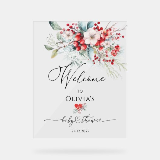 赤い緑のフローラ冬の赤ちゃんシャワーへようこそ アクリルサイン (正面)