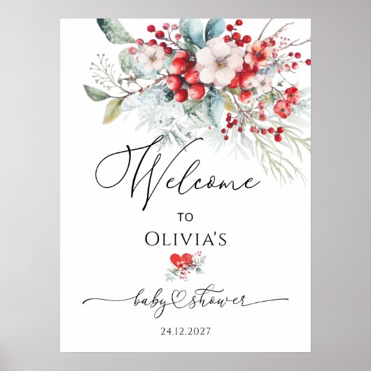 赤い緑のフローラ冬の赤ちゃんシャワーへようこそ ポスター (正面)