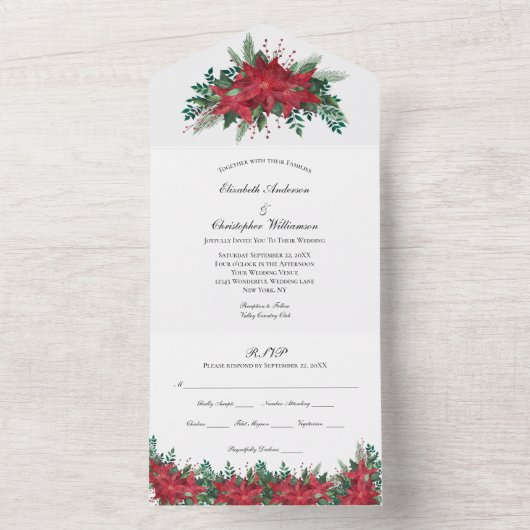 赤い緑のフローラ結婚が1つの招待状 オールインワン招待状 (内側)
