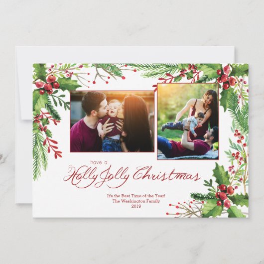 赤い緑のホリーウォーター色2 2フォトクリスマス シーズンカード (正面)