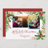 赤い緑のホリーウォーター色2 2フォトクリスマス シーズンカード (正面/裏面)