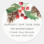 赤い緑のホリーベリーパインコーン新年の住所 ラウンドシール (正面)